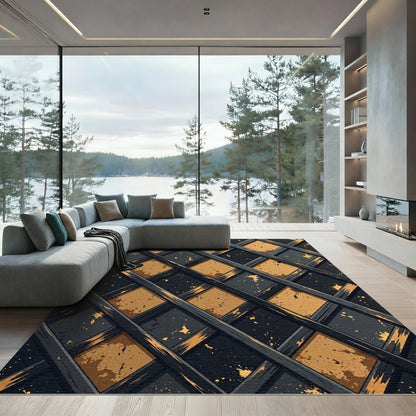 Golden Lattice Dark Slate Geometric Rug