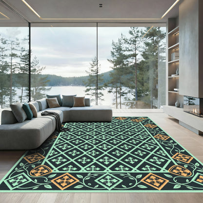 Aquamarine Black Floral Lattice Border Rug