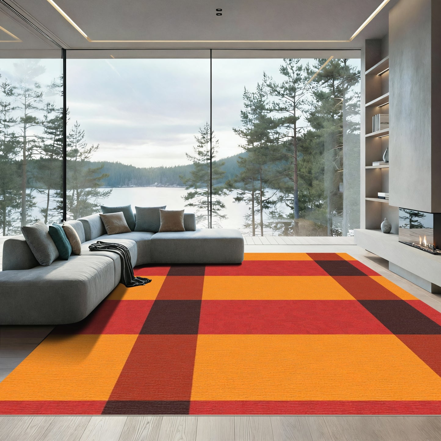 Bold Orange Red Plaid Check Rug