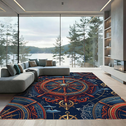 Nautical Navy Gold Compass Helm Ornament Rug