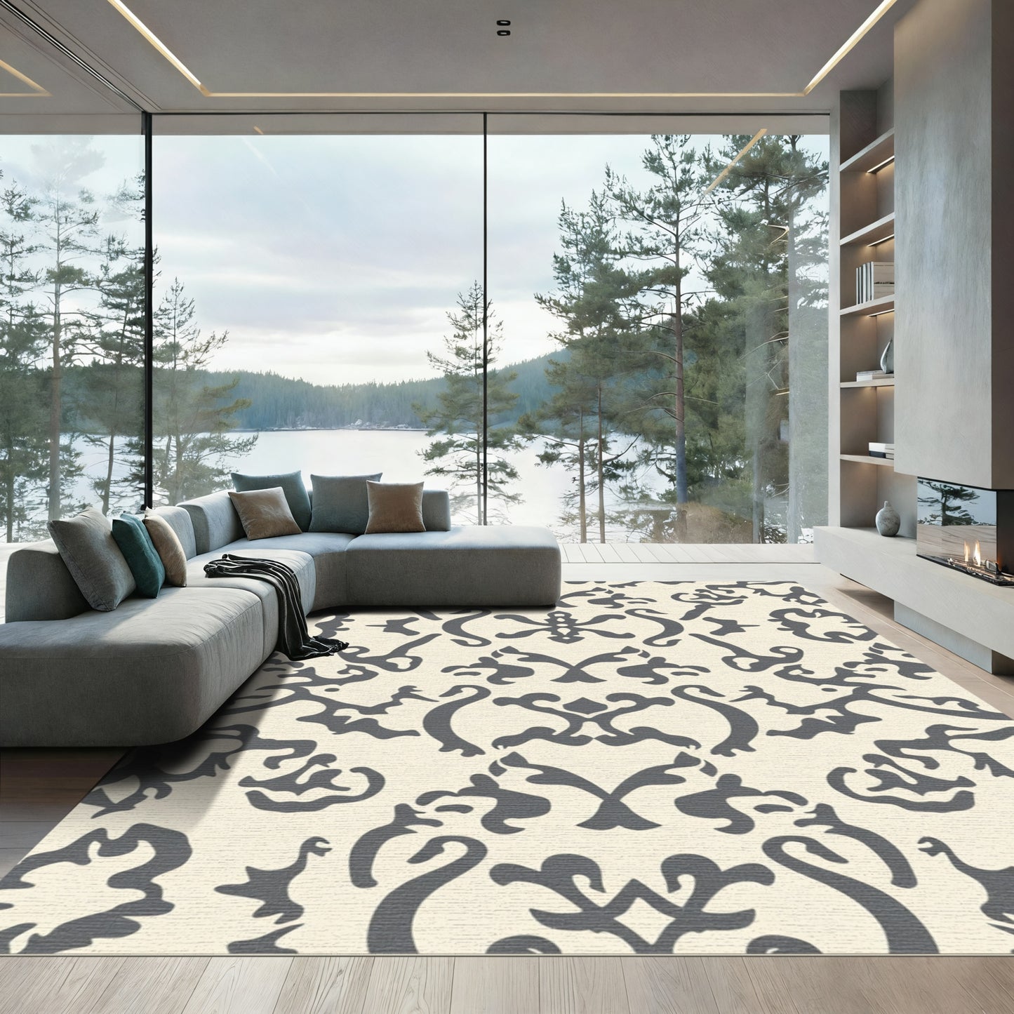 Cream Charcoal Damask Scroll Rug