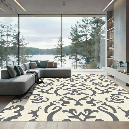 Cream Charcoal Damask Scroll Rug