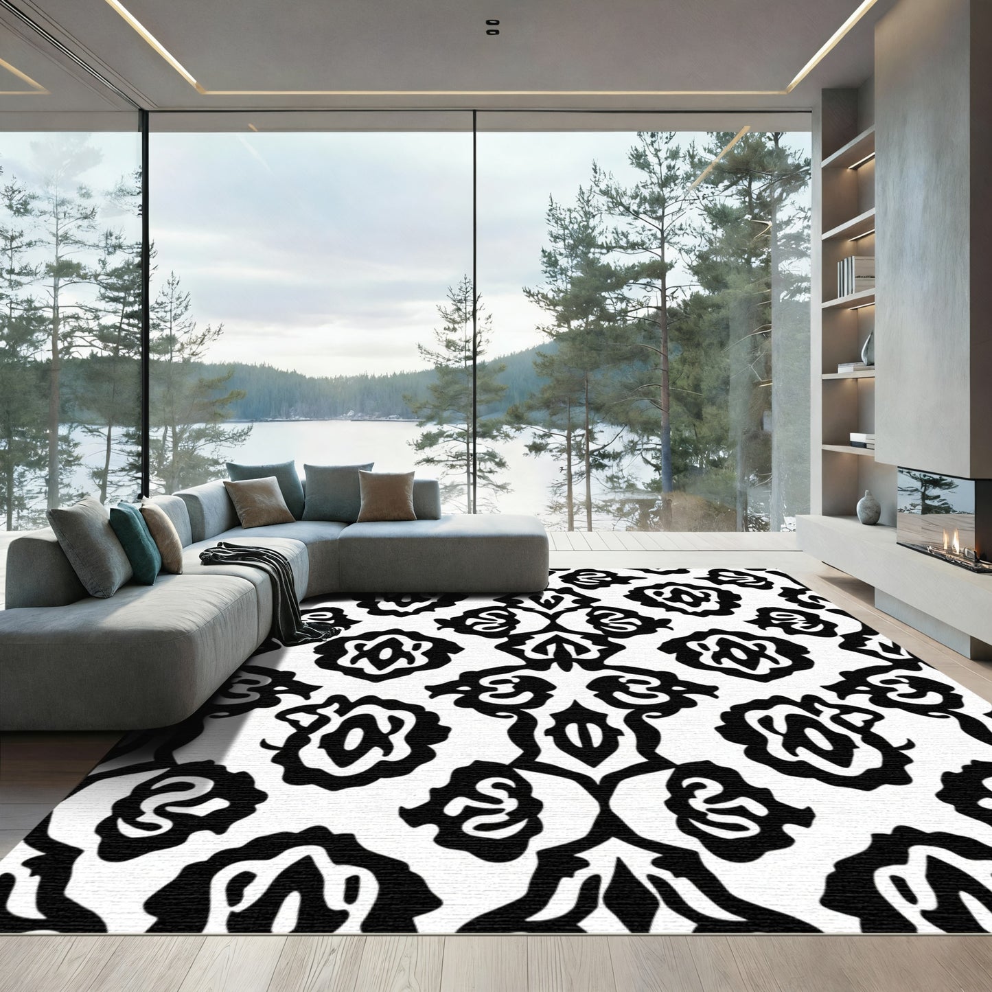 Black White Organic Floral Tile Rug