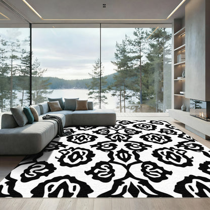 Black White Organic Floral Tile Rug