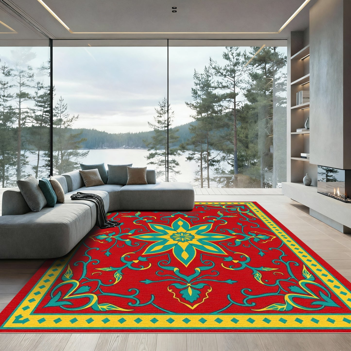 Crimson Teal Golden Floral Medallion Rug