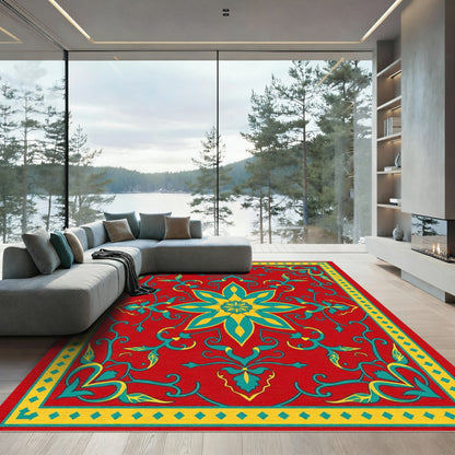 Crimson Teal Golden Floral Medallion Rug