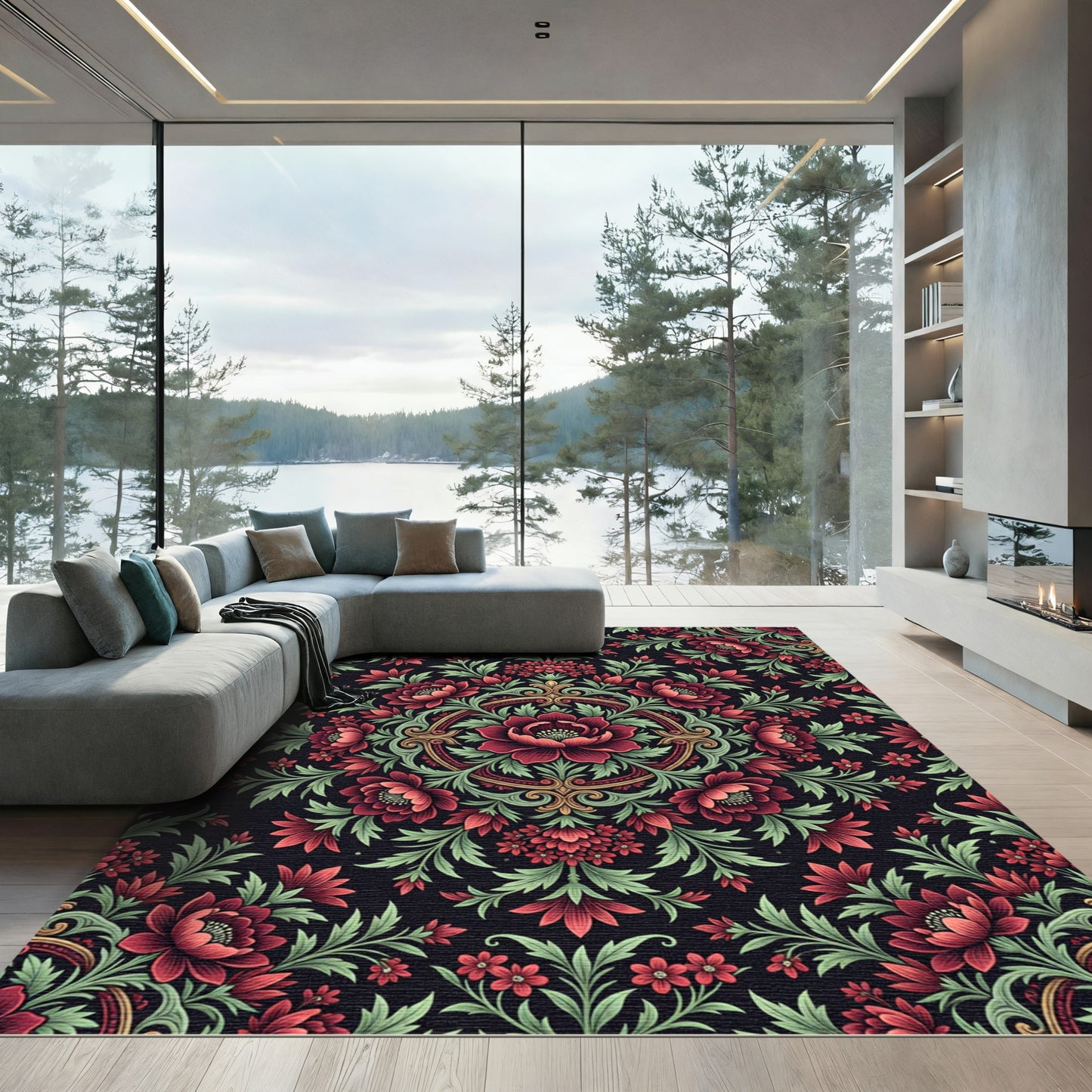Vintage Crimson Floral Medallion Composition Rug