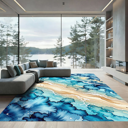 Abstract Coastal Tides Blue Ocean Wave Rug
