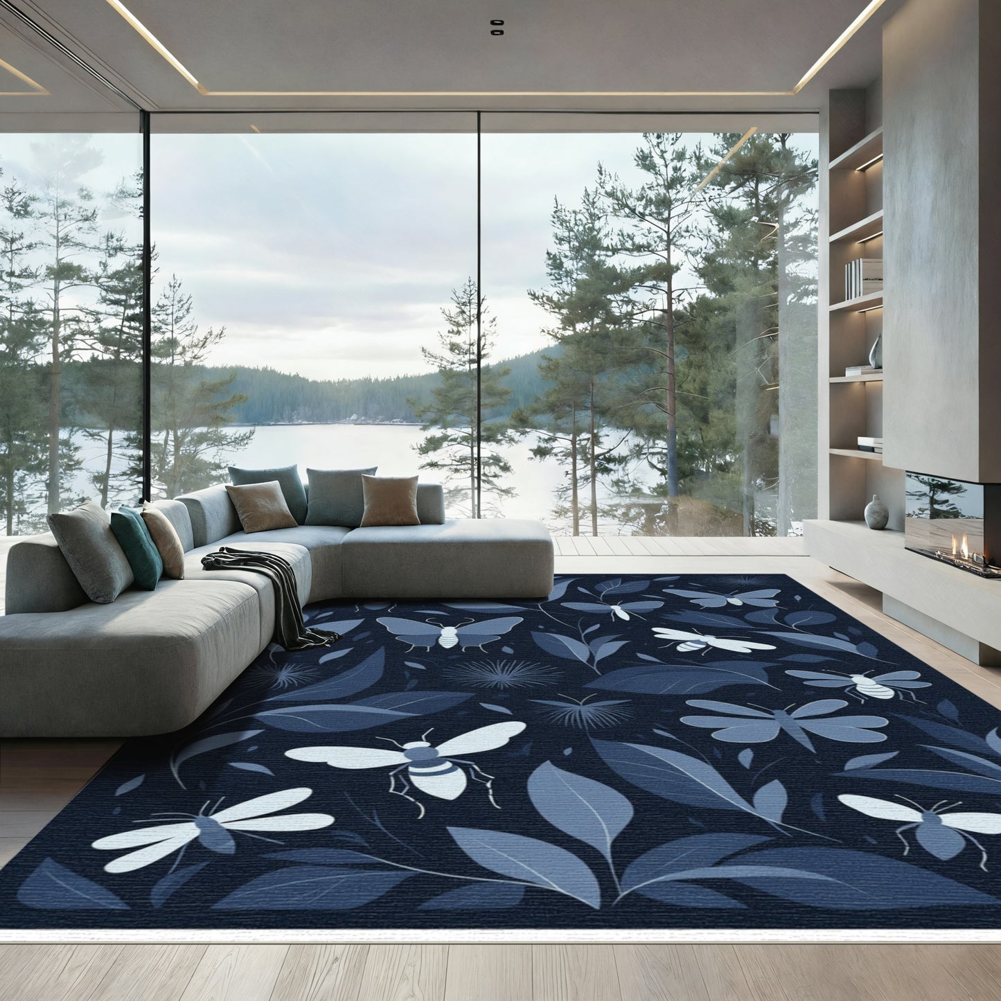Midnight Blue Floral Insect Medley Rug