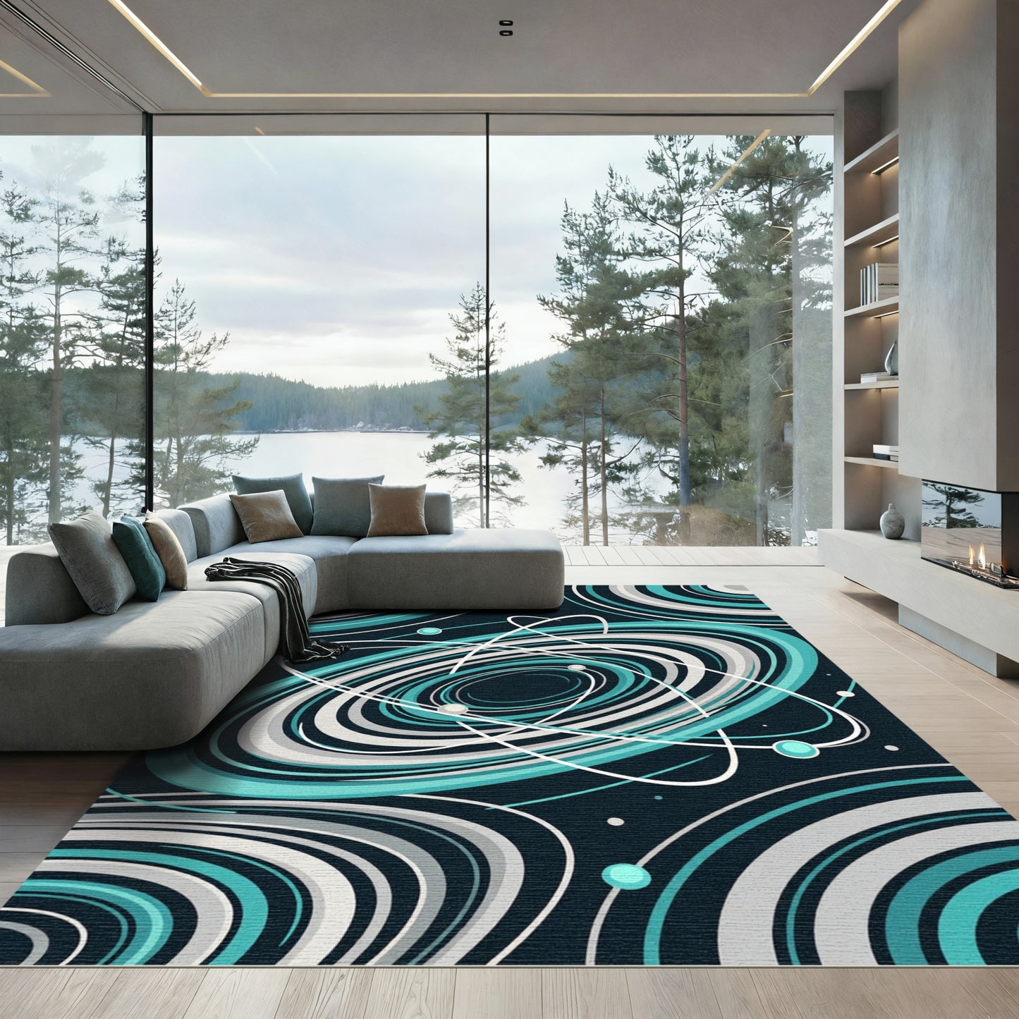 Teal White Abstract Swirls Galaxy Rug