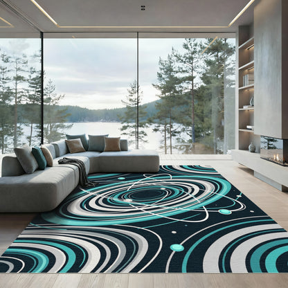 Teal White Abstract Swirls Galaxy Rug