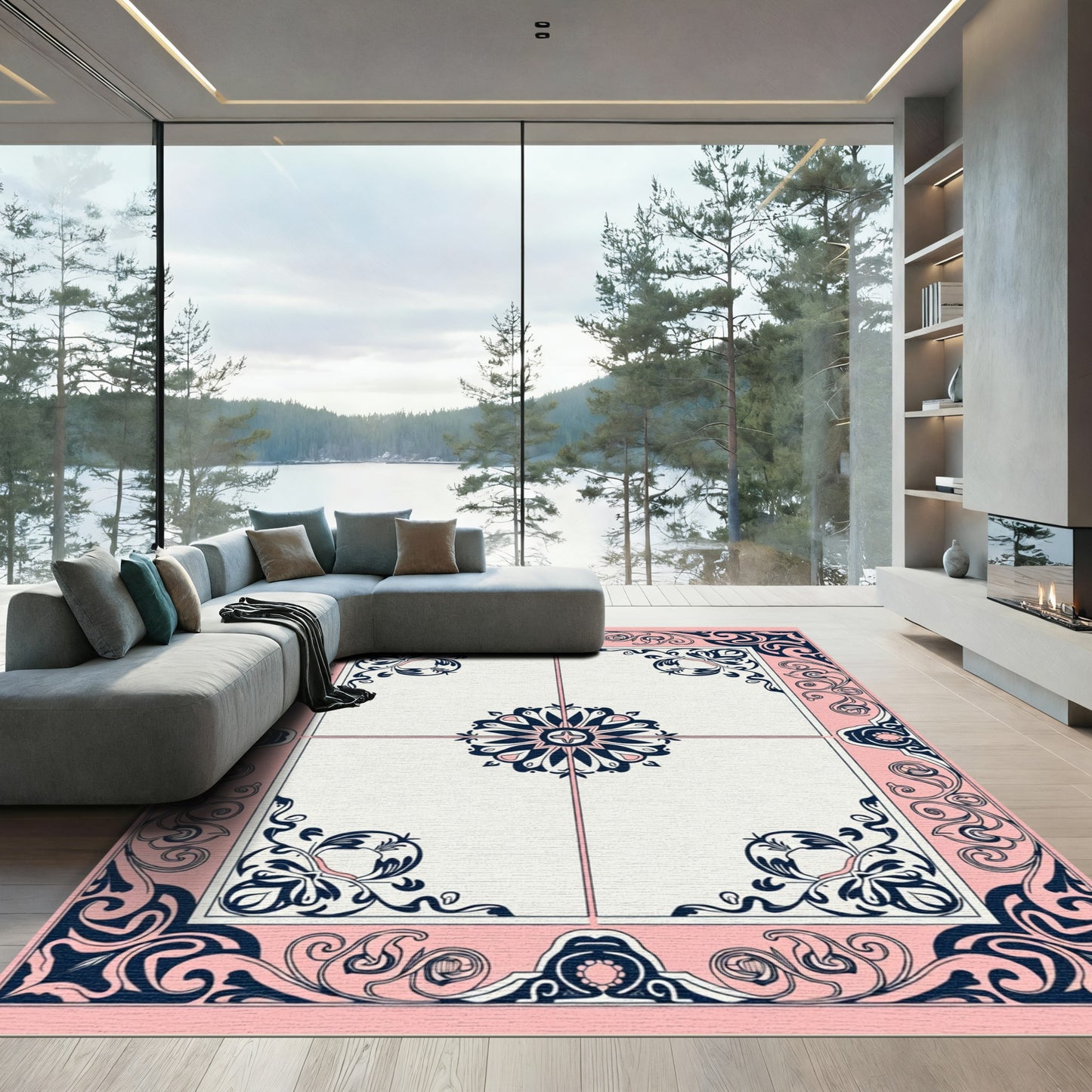 Pink Navy Floral Art Nouveau Border Rug