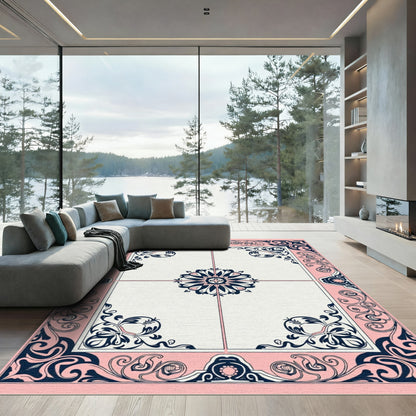 Pink Navy Floral Art Nouveau Border Rug