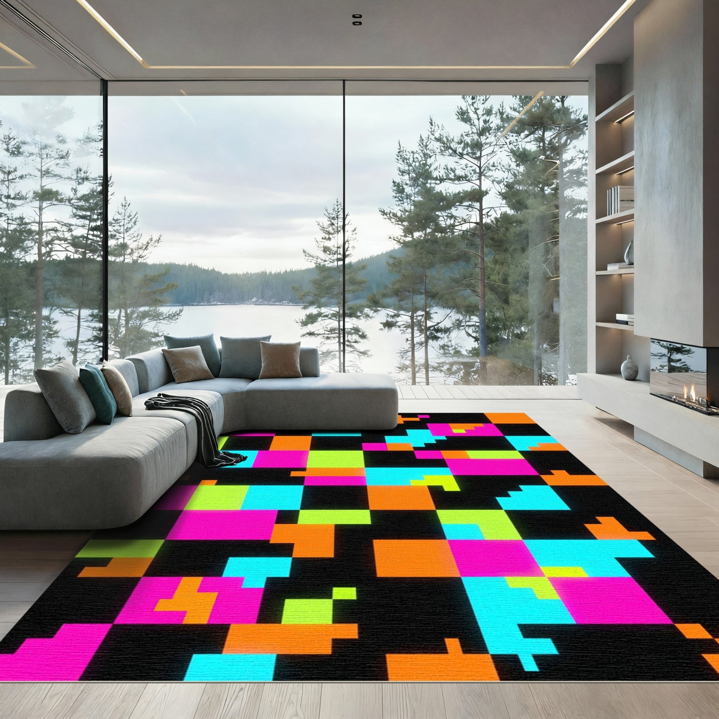 Neon Pixel Grid Abstract Fluorescent Rug