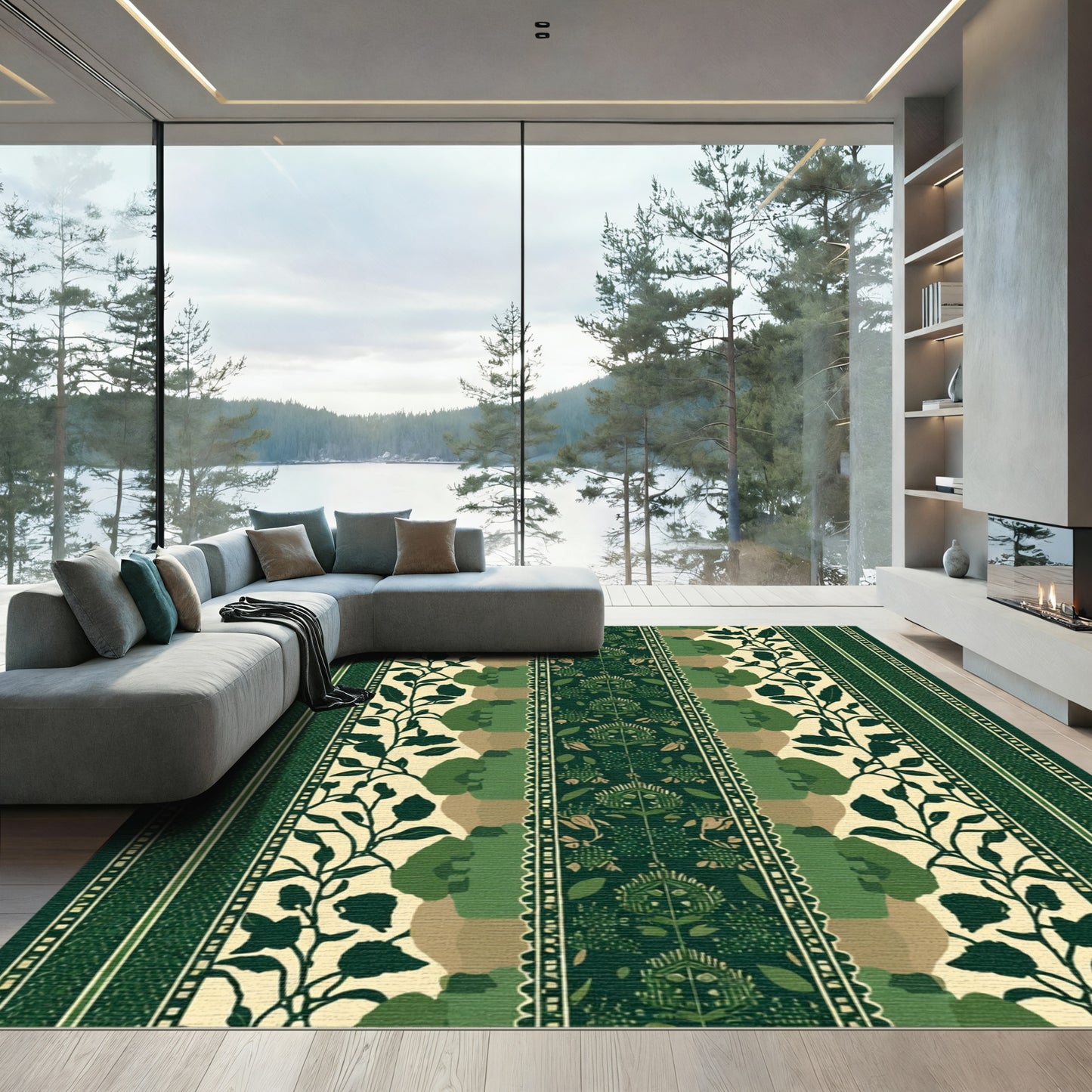 Emerald Green Botanical Stripe Medallion Rug