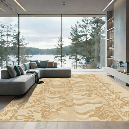 Earthy Tan Wavy Scroll Border Rug