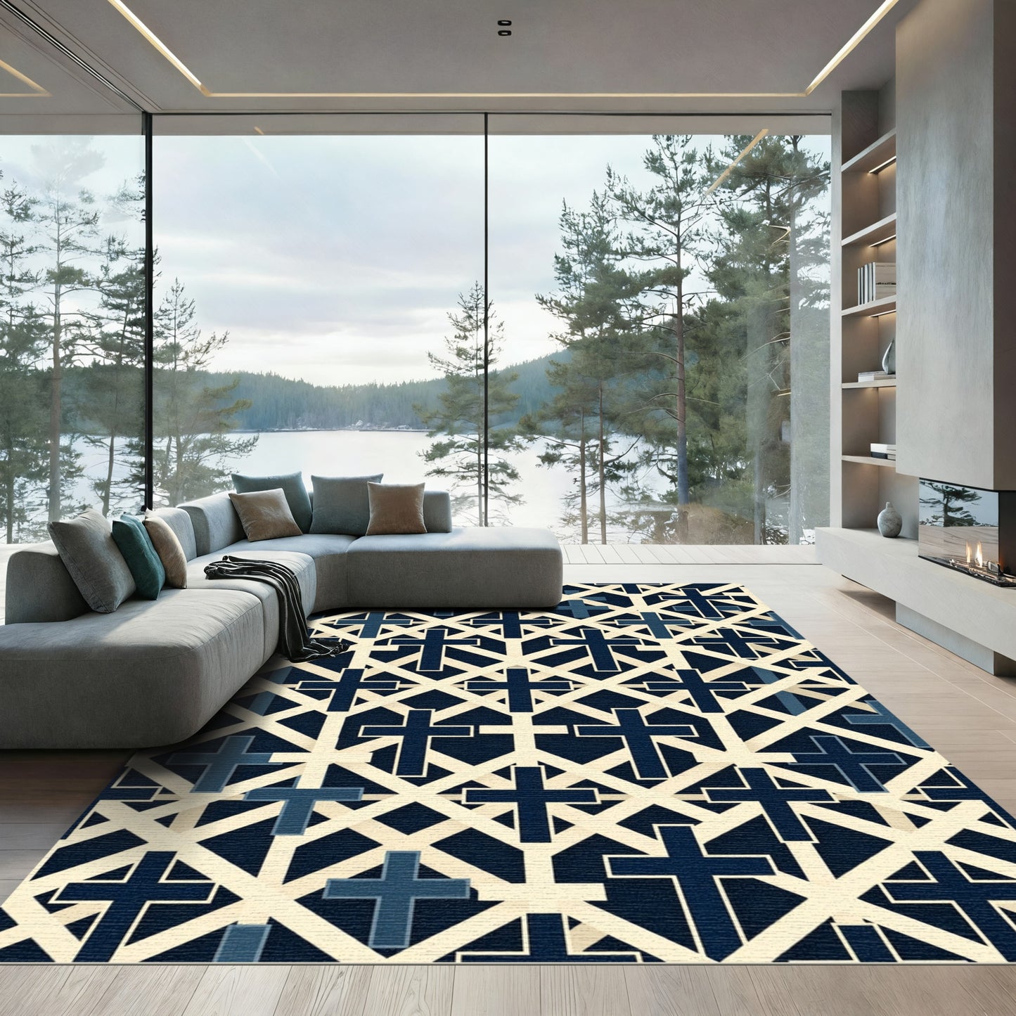 Navy Cross Lattice Geometric Grid Rug