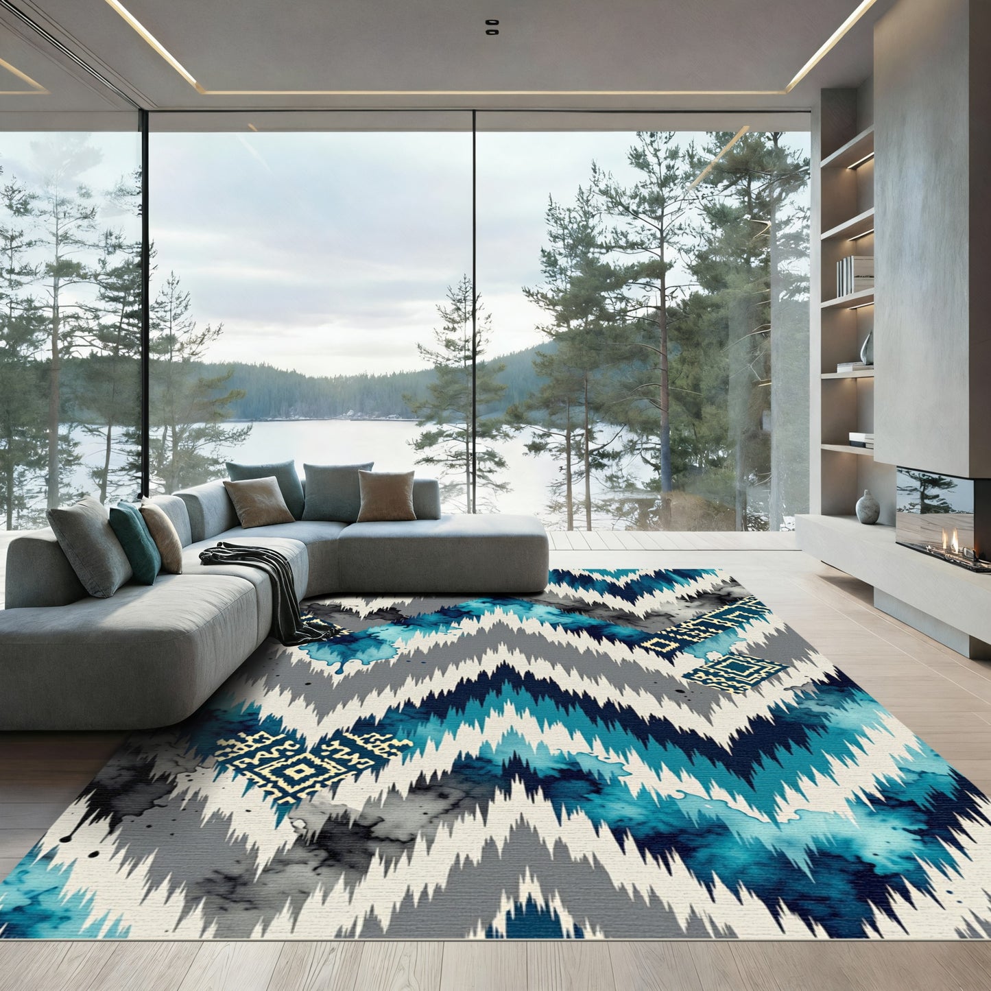 Teal and Grey Abstract Chevron Ikat Rug