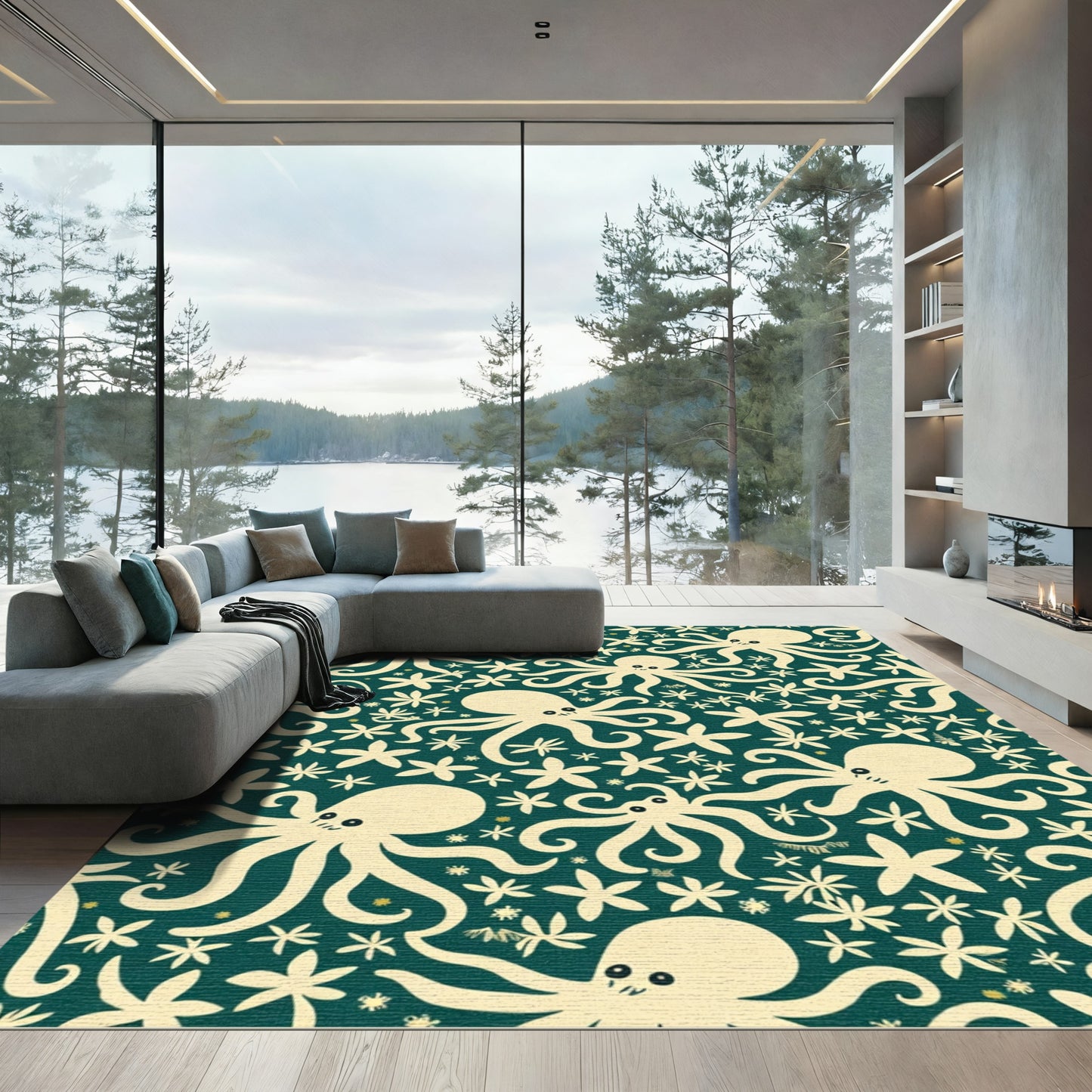 Cream Octopus Floral Teal Rug