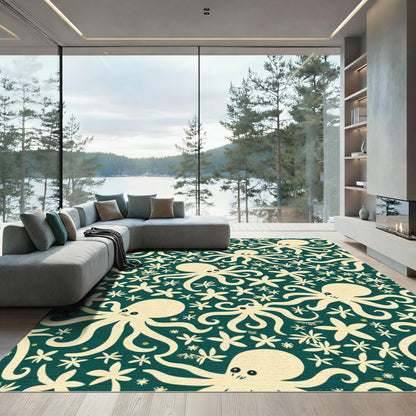 Cream Octopus Floral Teal Rug