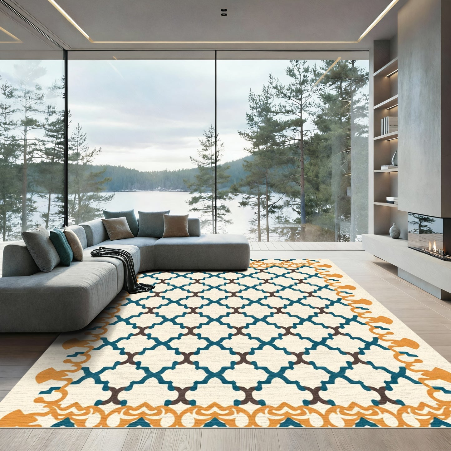 Teal Brown Quatrefoil Geometric Border Rug