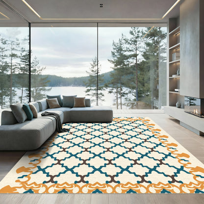 Teal Brown Quatrefoil Geometric Border Rug