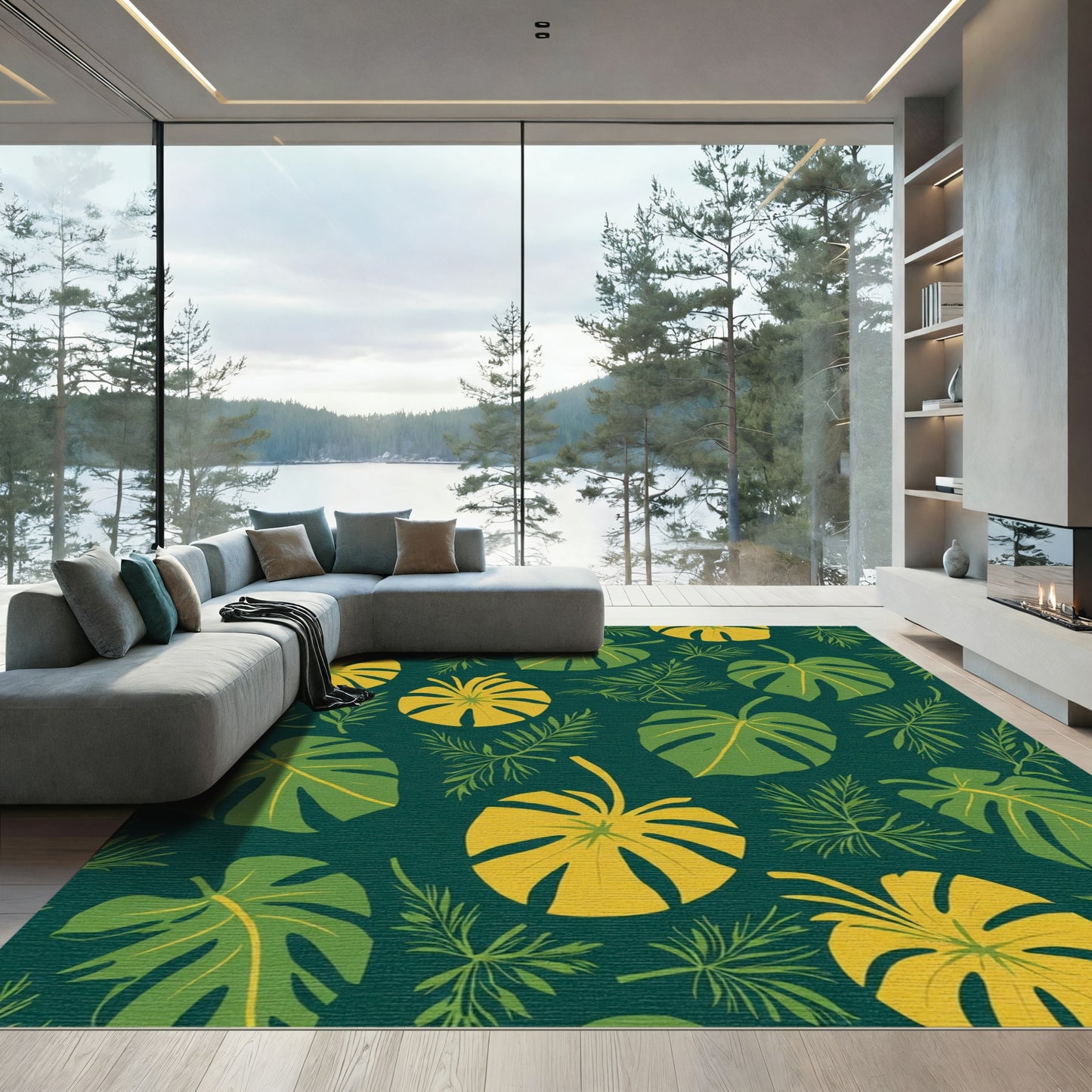 Vibrant Green Yellow Leafy Tropics Rug