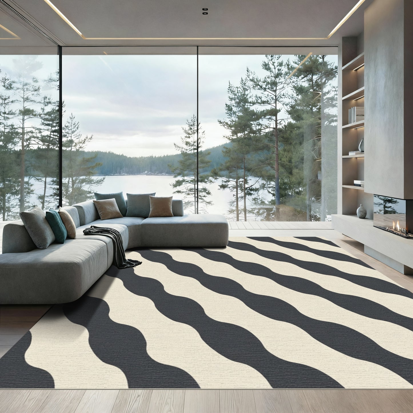 Dark Gray Cream Diagonal Wave Stripes Rug