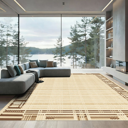 Neutral Tan Plaid Geometric Border Rug