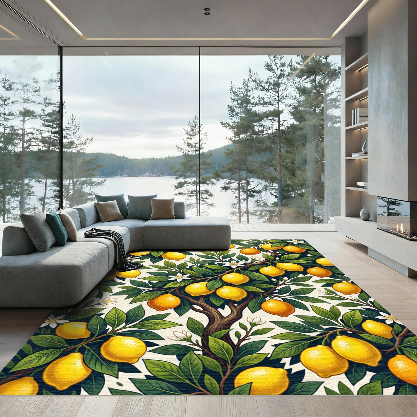 Golden Lemon Branch Botanical Illustration Rug