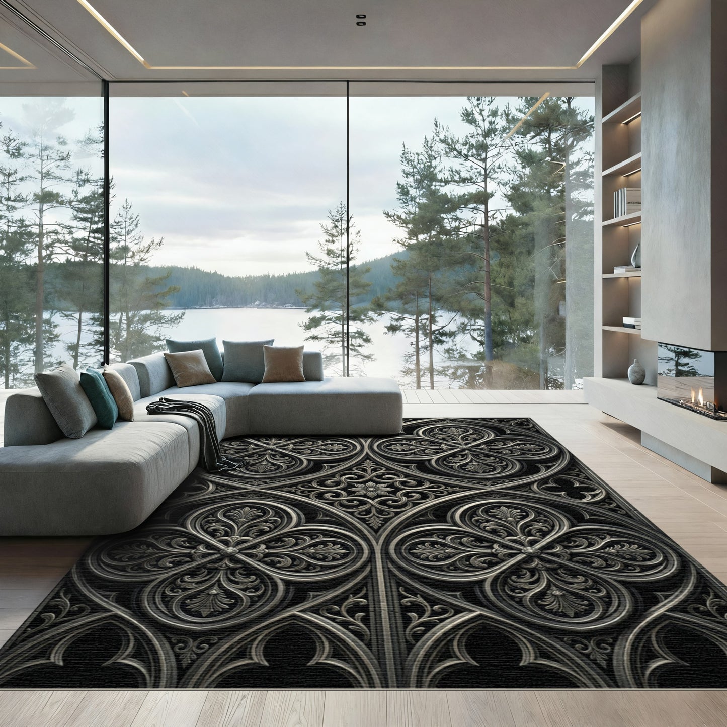 Ornate Silver Gothic Quatrefoil Rug