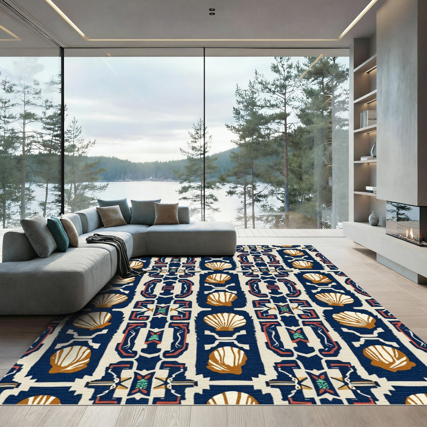 Ornate Navy Shells Medallion Folk Rug