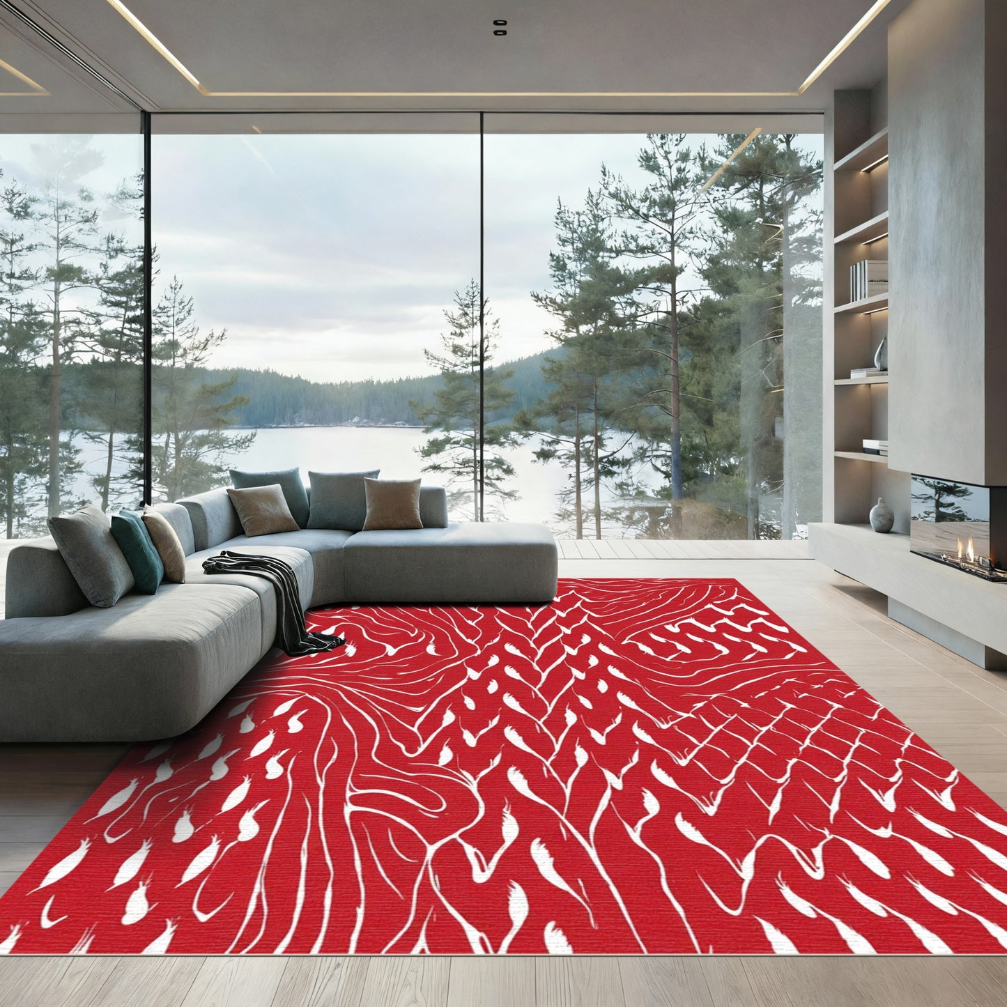 Crimson White Abstract Gingham Strokes Rug