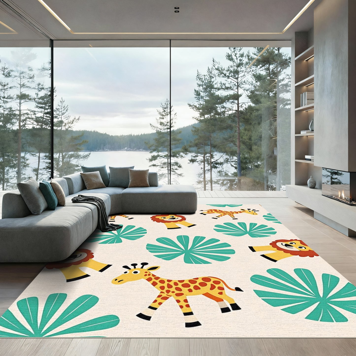 Playful Giraffe Lion Jungle Bloom Rug