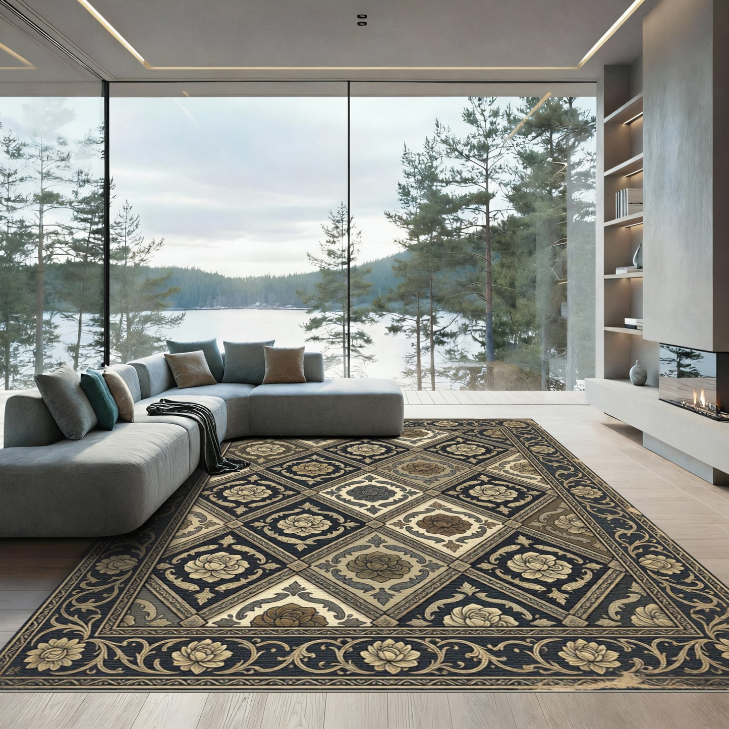 Ornate Beige Floral Diamond Border Rug