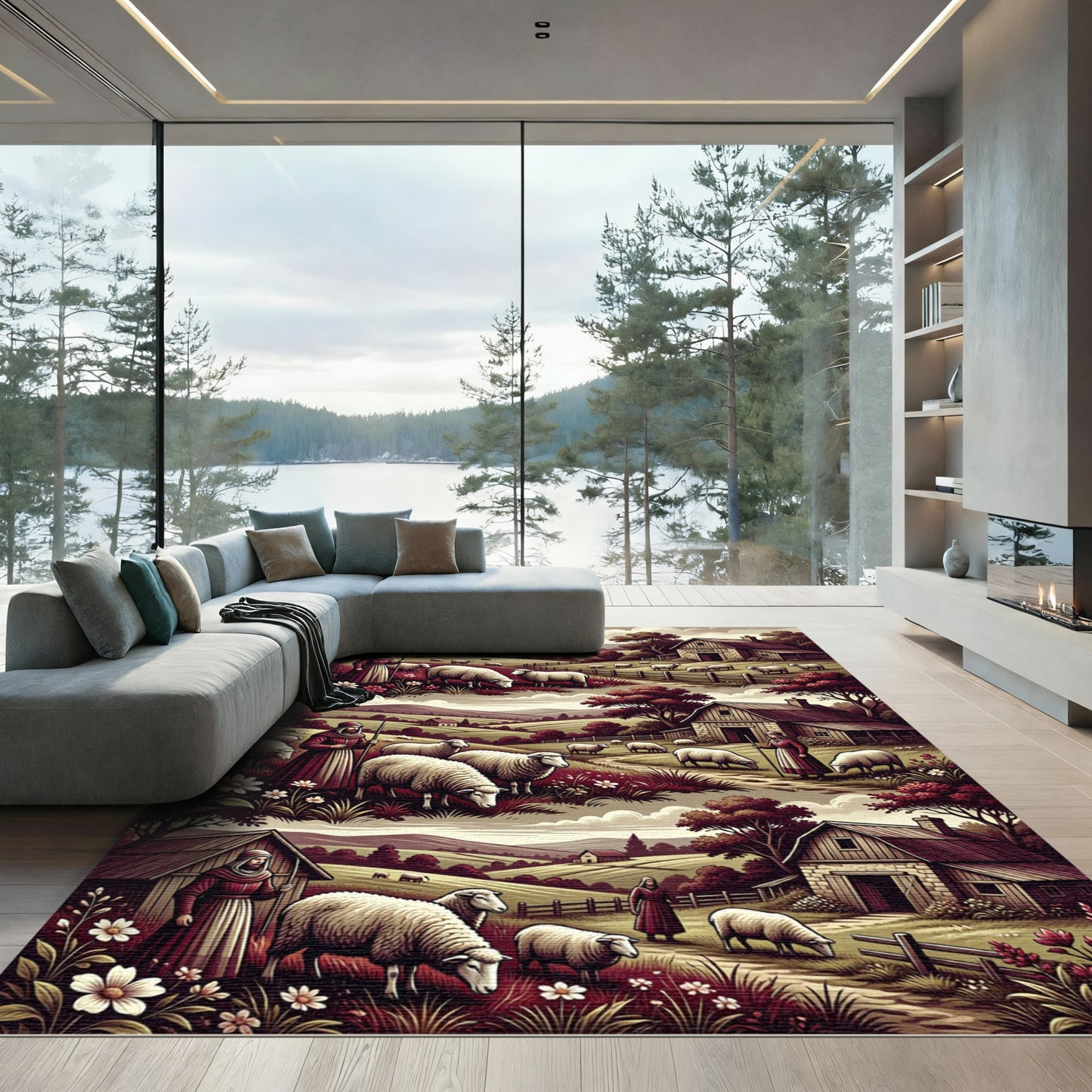 Pastoral Scenic Sheep Meadow Landscape Rug