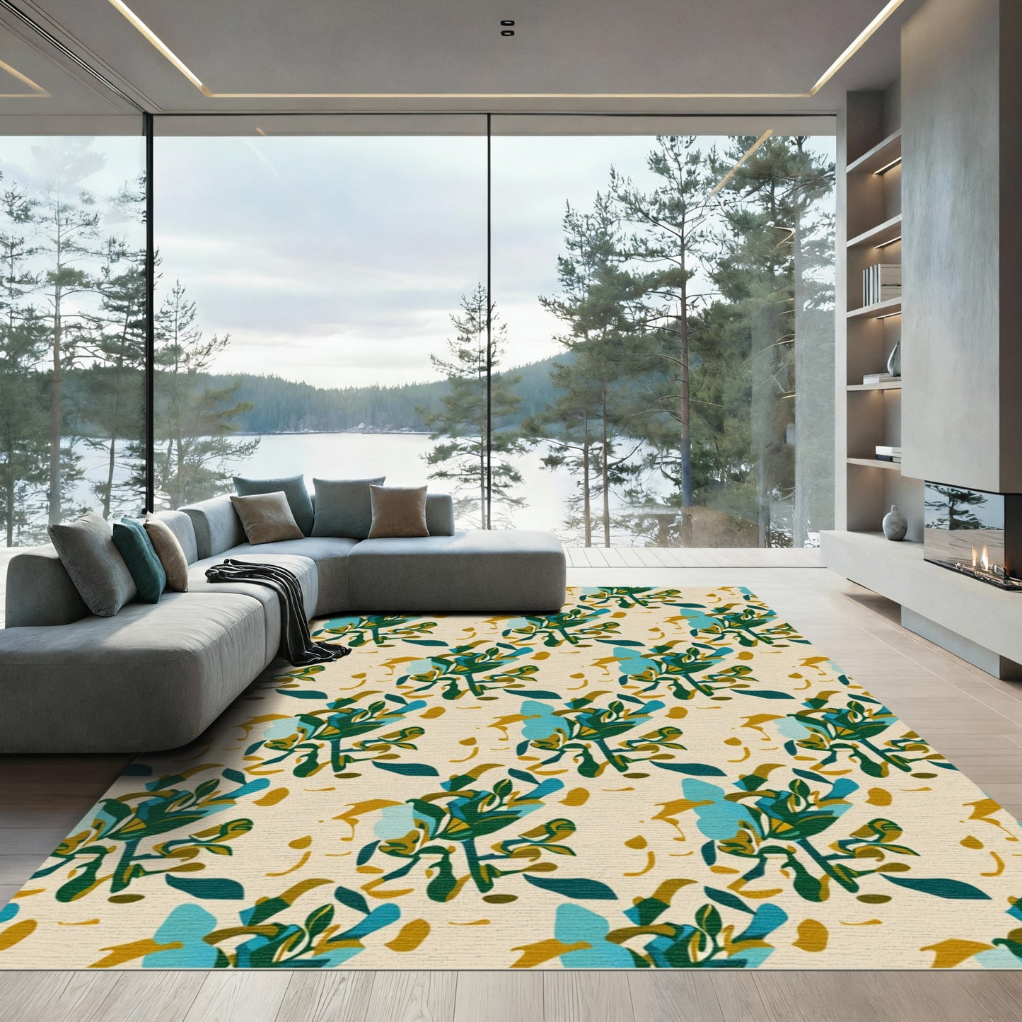 Teal Green Abstract Leaf Arrangement Rug