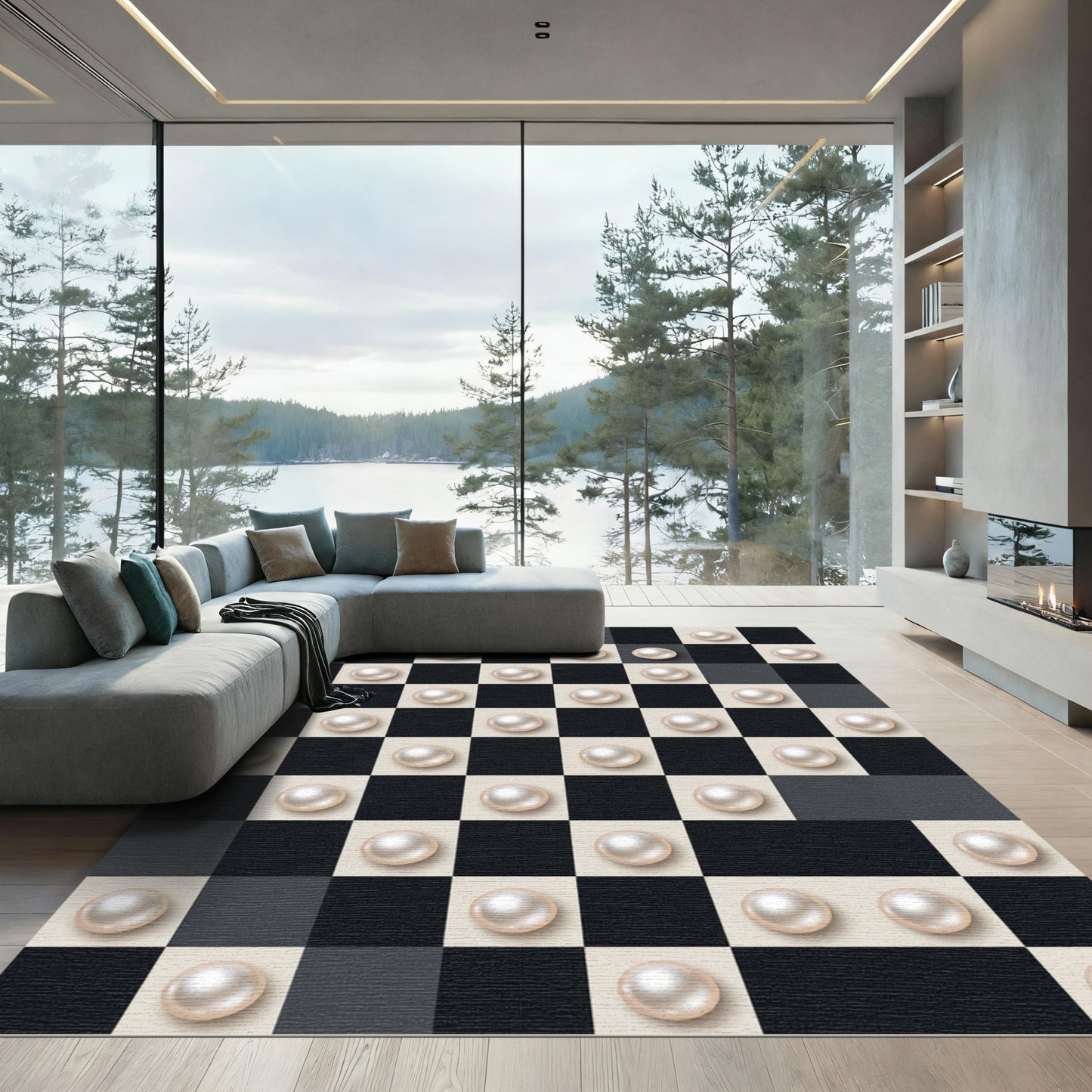 Monochromatic Checkered Pearl Sphere Art Rug