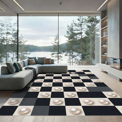 Monochromatic Checkered Pearl Sphere Art Rug
