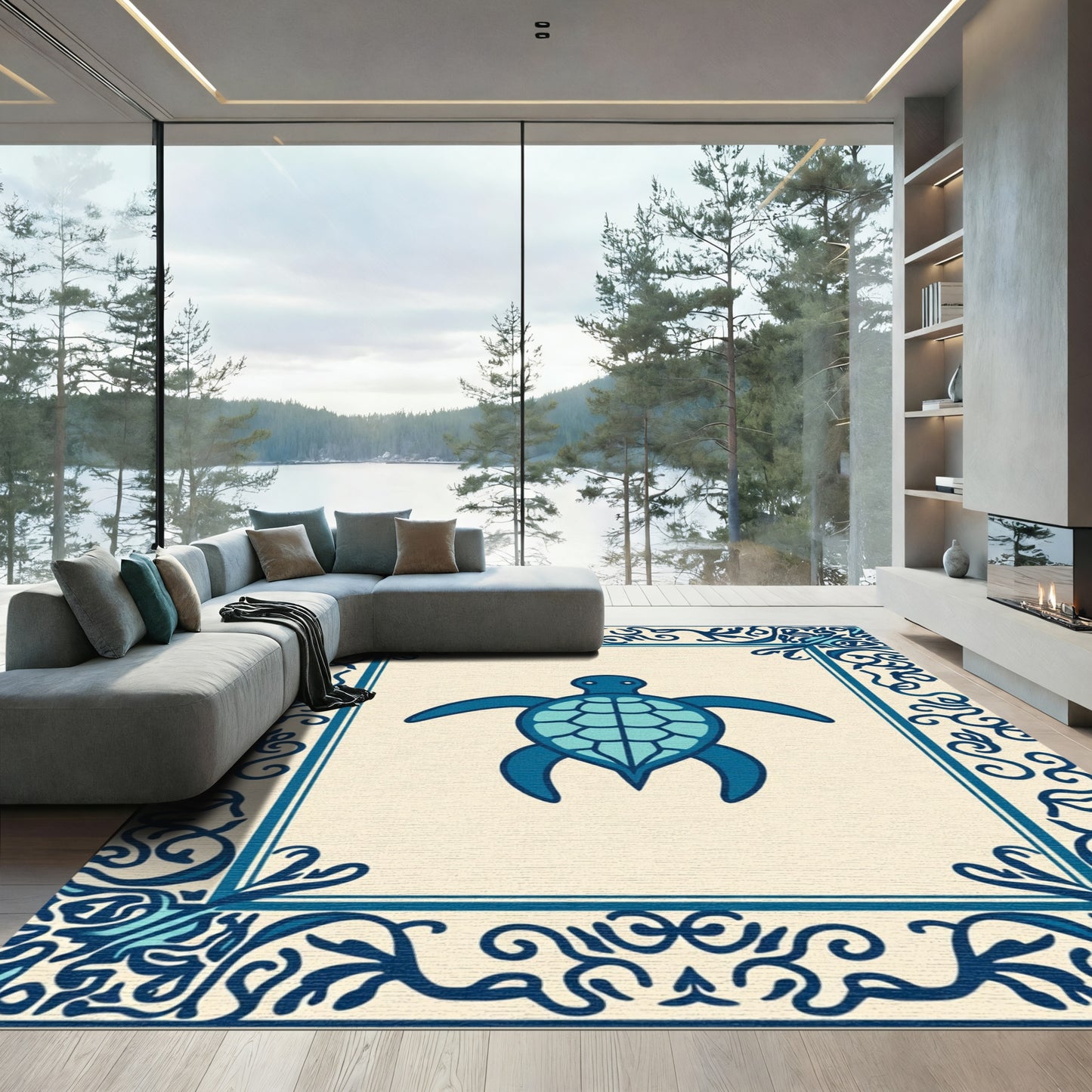 Deep Blue Turtle Ornate Border Rug