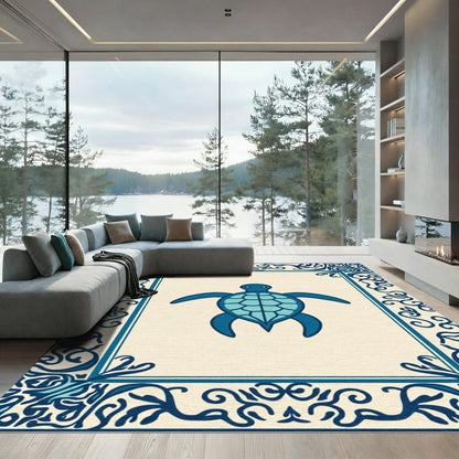 Deep Blue Turtle Ornate Border Rug