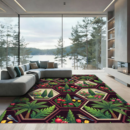 Botanical Hexagon Garden Pomegranate Bird Rug