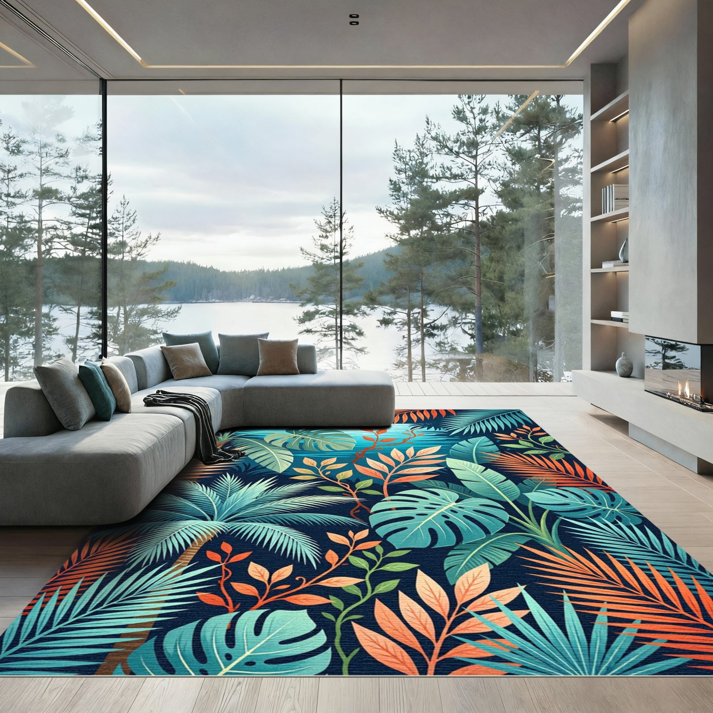 Tropical Foliage Teal Orange Palette Rug