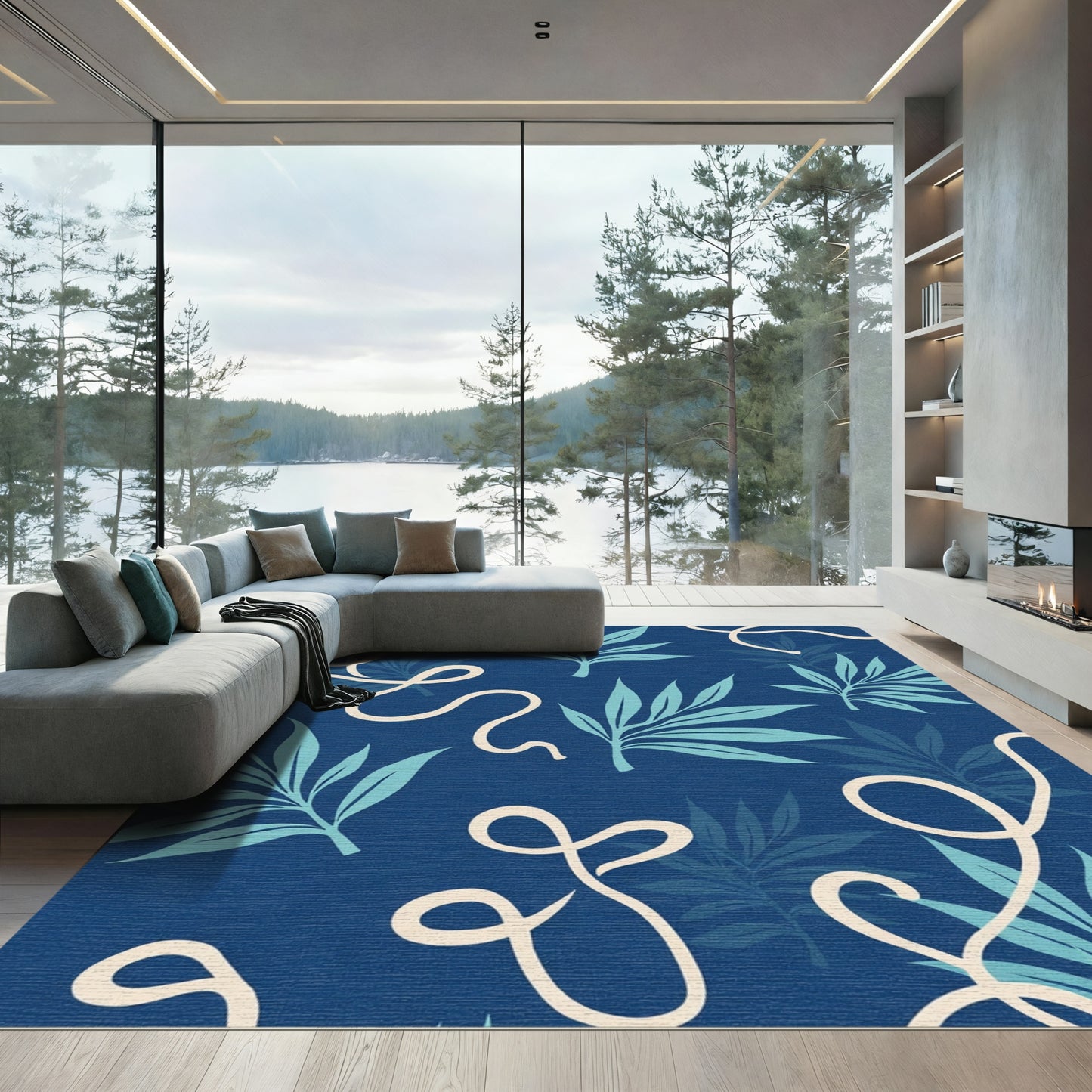 Deep Teal Leaf With Ribbon Swirl Rug