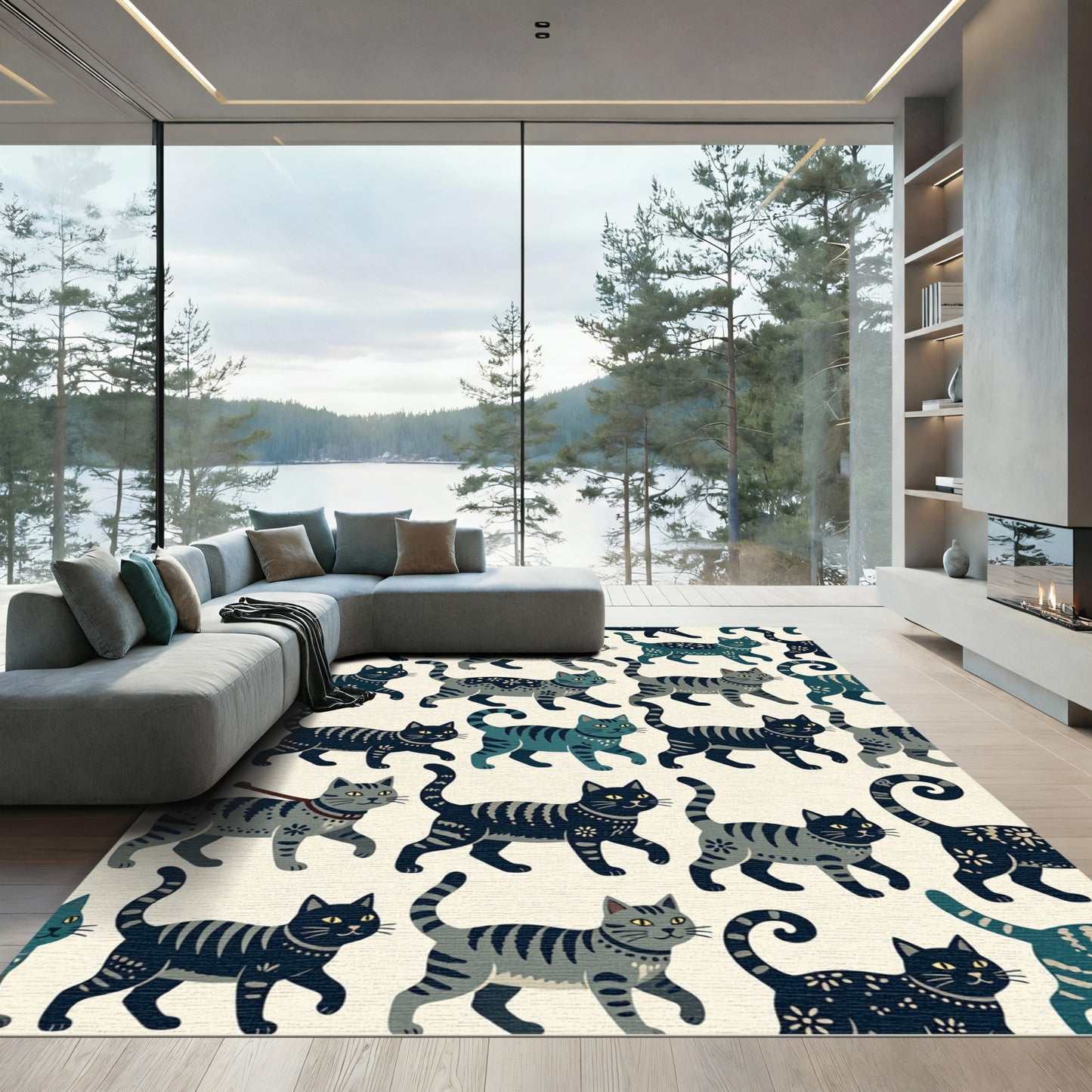 Whimsical Gray Blue Striped Cat Collage Rug