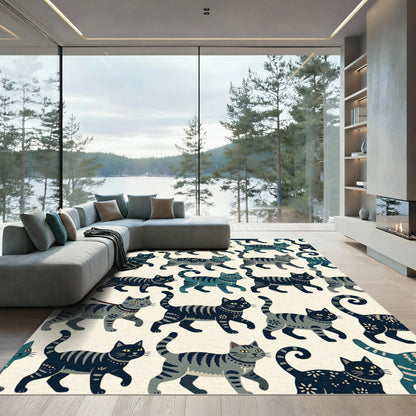 Whimsical Gray Blue Striped Cat Collage Rug