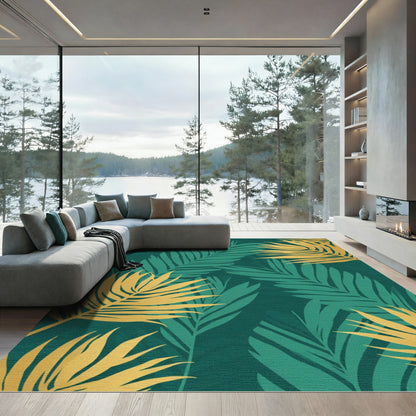 Gold Tropical Leaf Emerald Garden Rug