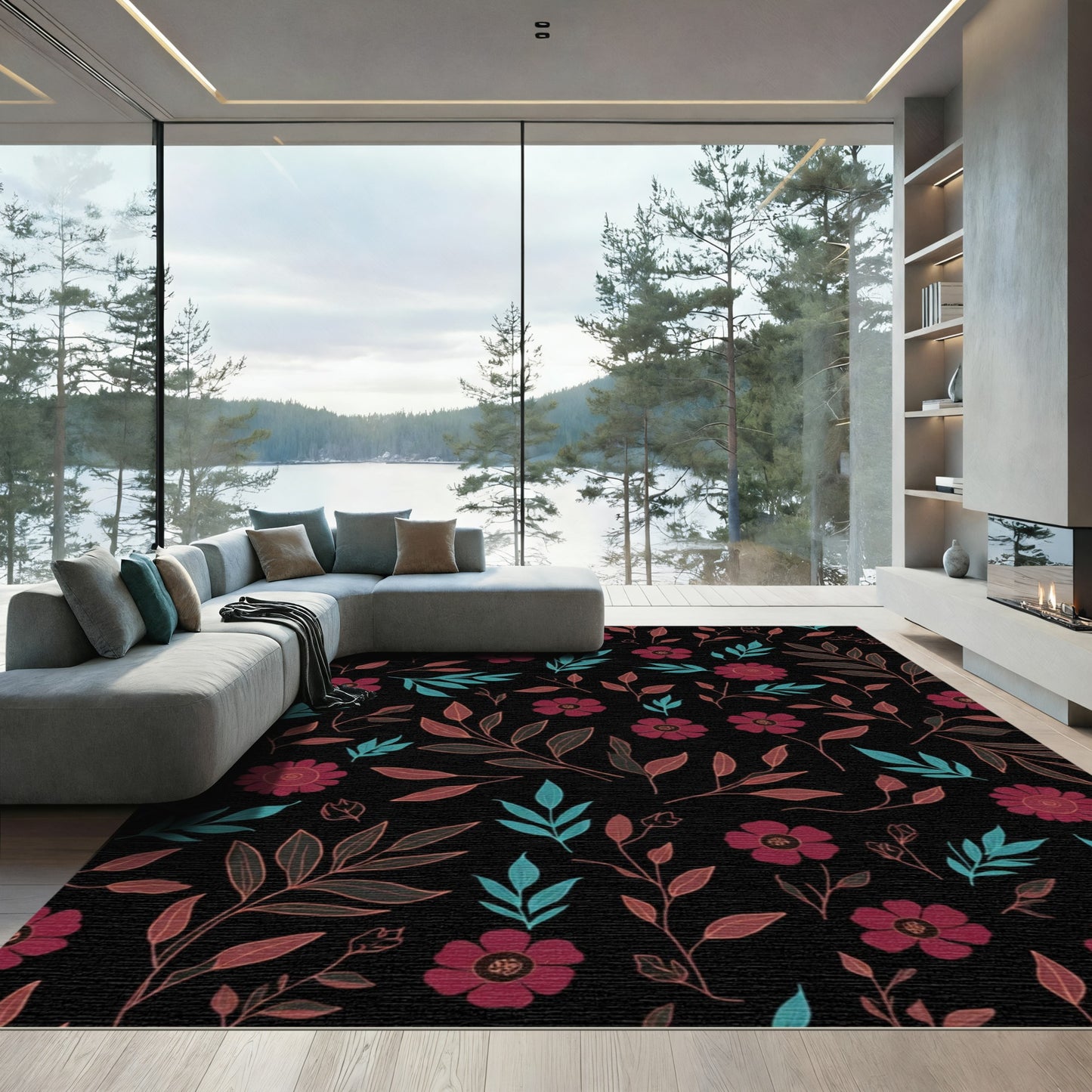 Crimson Floral Leaf Vines Rug