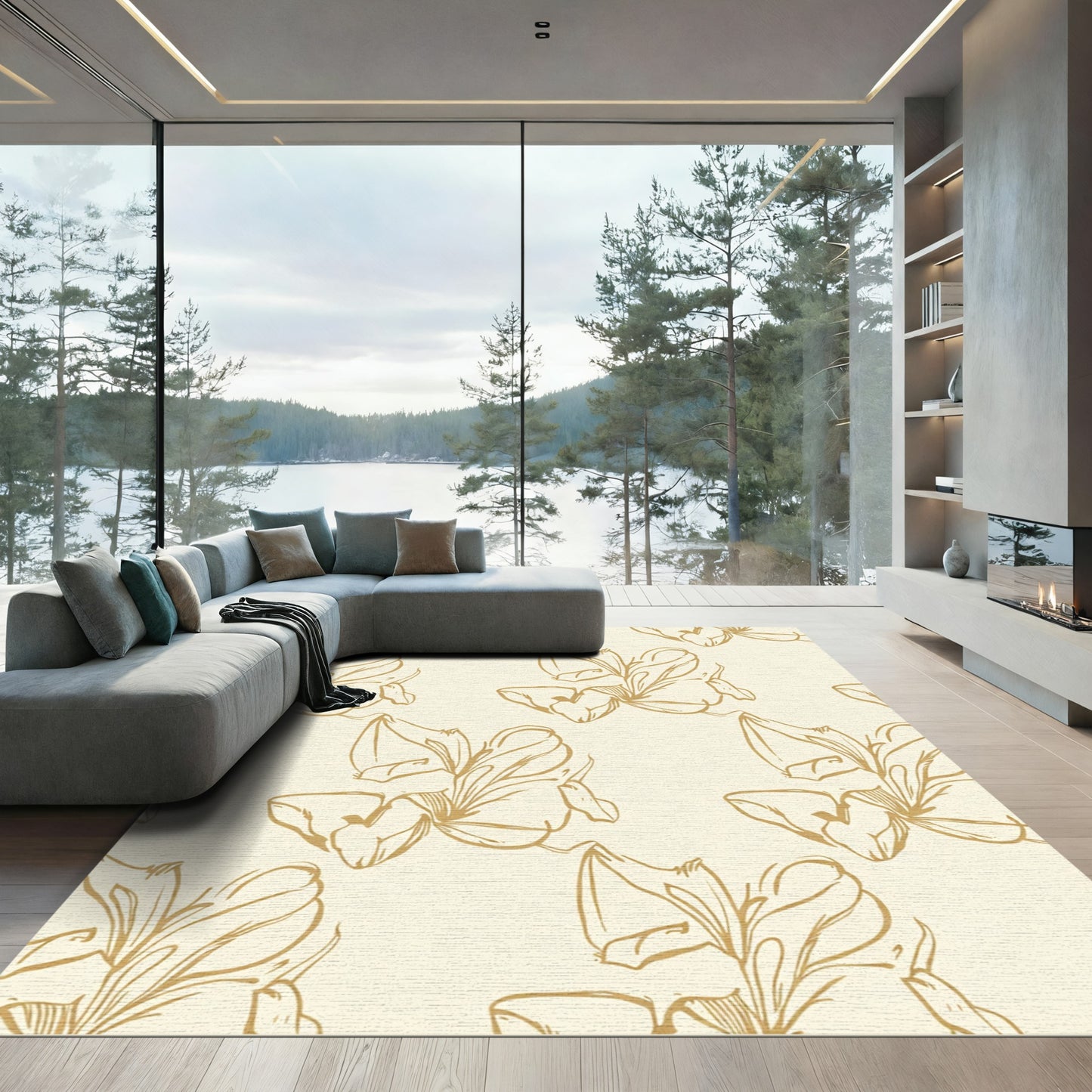 Cream Gold Sketch Floral Swirl Rug