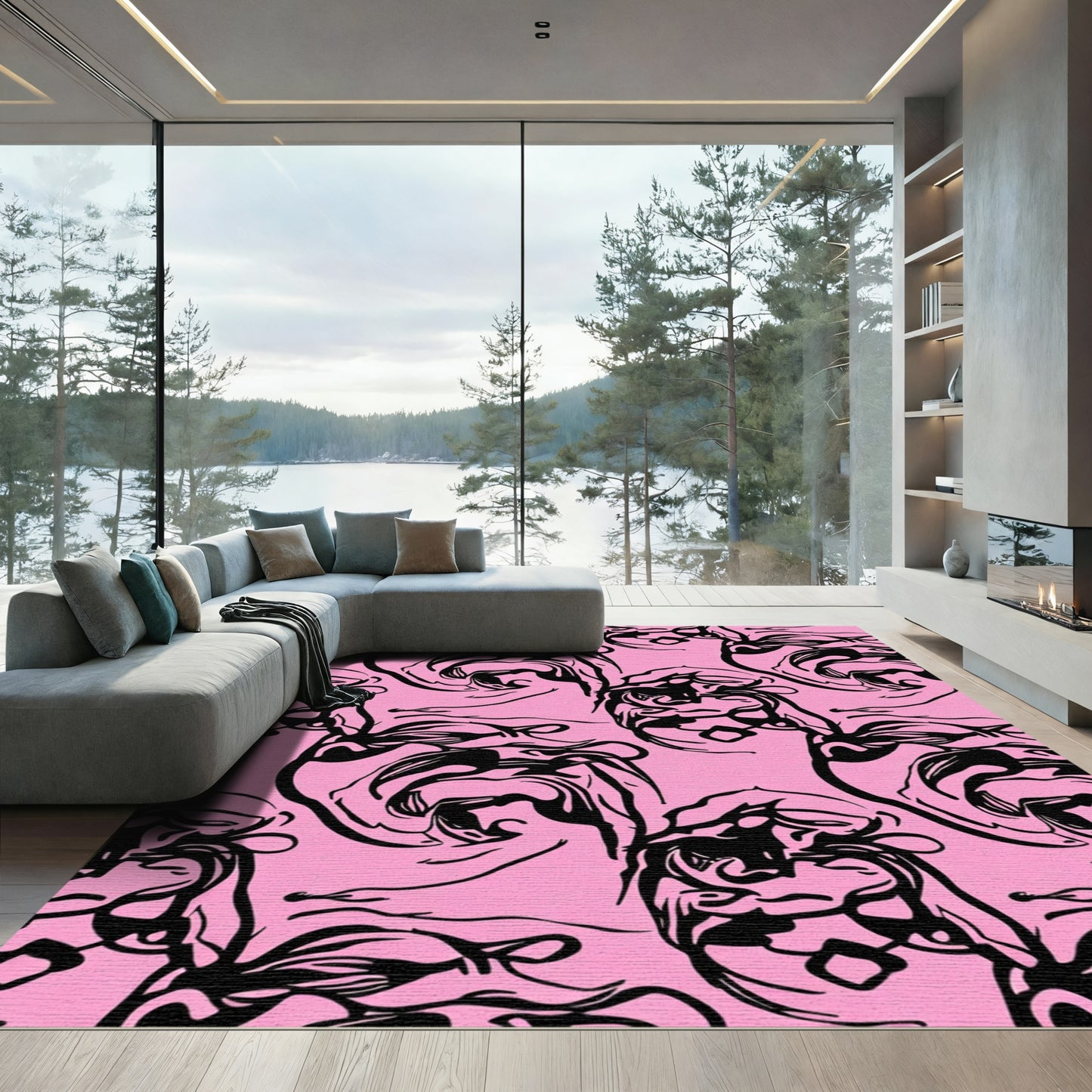 Bold Black Swirls Pink Background Rug